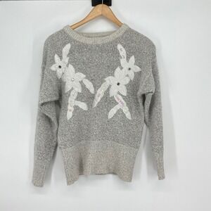 Vintage Bramble Lane Gray‎ Embroidered Floral Angora Silk Blend Sweater Size S